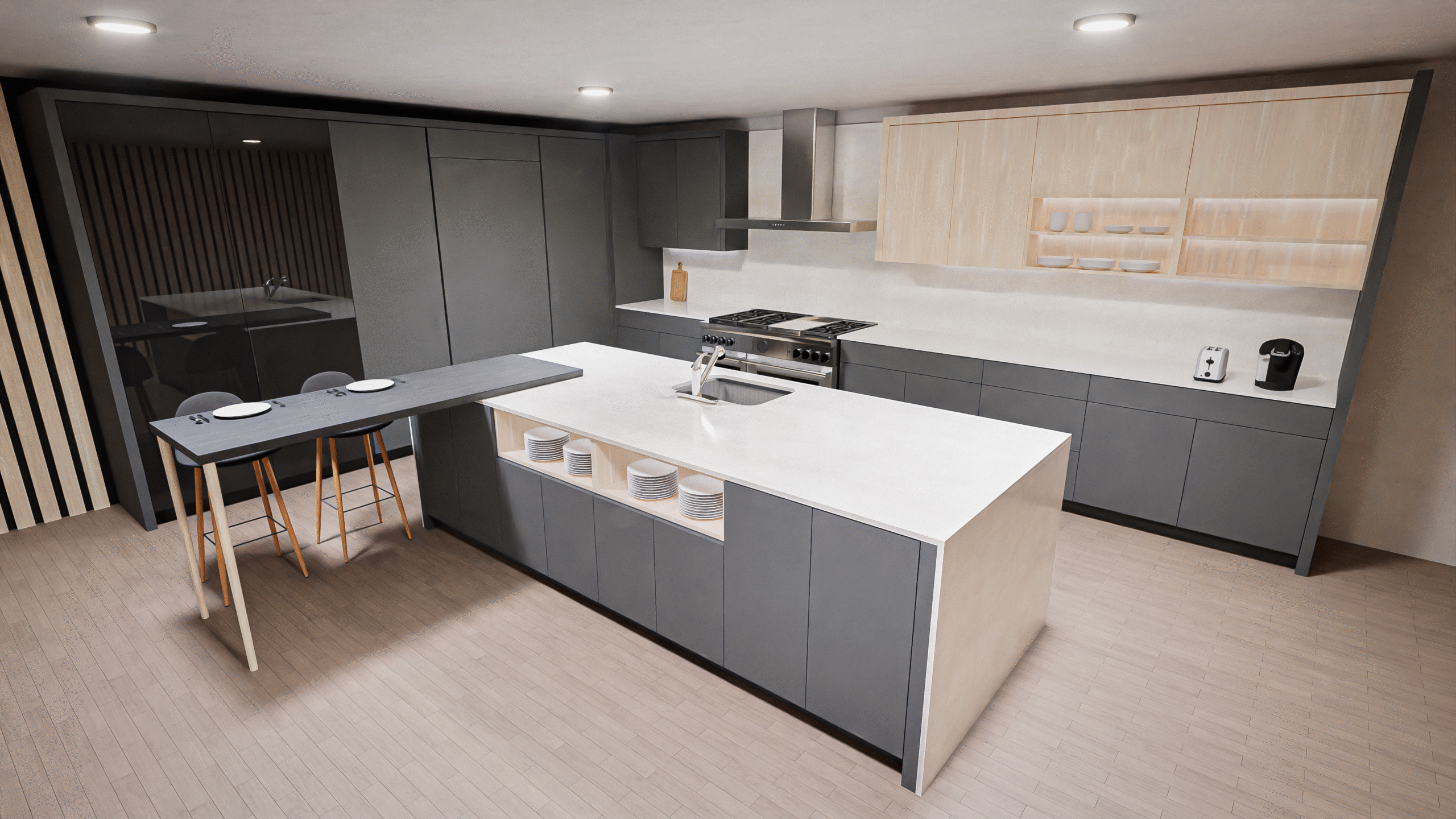 Modern kitchen with grey and light wood cabinets, white countertops, built-in appliances, island with open shelving, and two high stools at a small breakfast bar.