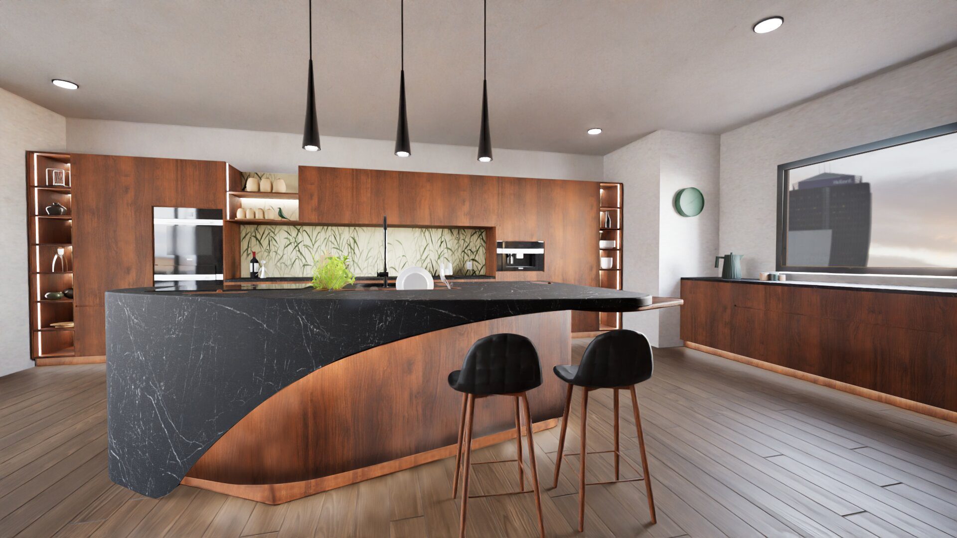 Modern kitchen with wood cabinets, a black marble island with two stools, pendant lights above, and large window showing part of a city building.