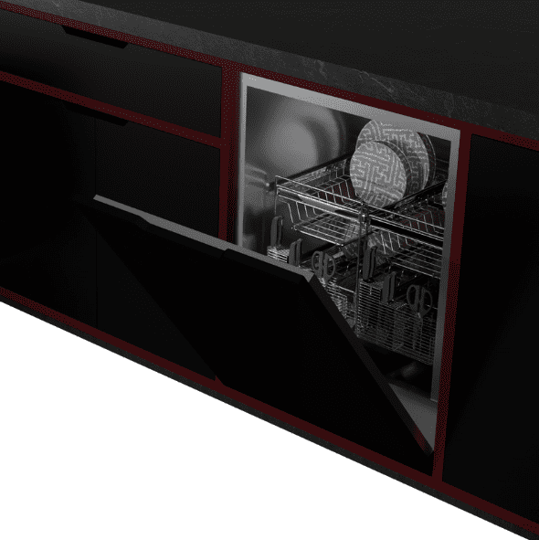 An open dishwasher built into a black kitchen cabinet, with dish racks holding washed plates and utensils.