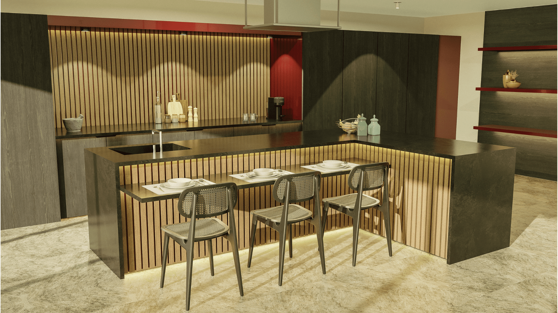Modern kitchen with a dark island, three bar stools, under-cabinet lighting, wood slat backsplash, and minimalist decor. Shelves and cabinets are dark with subtle red accents.